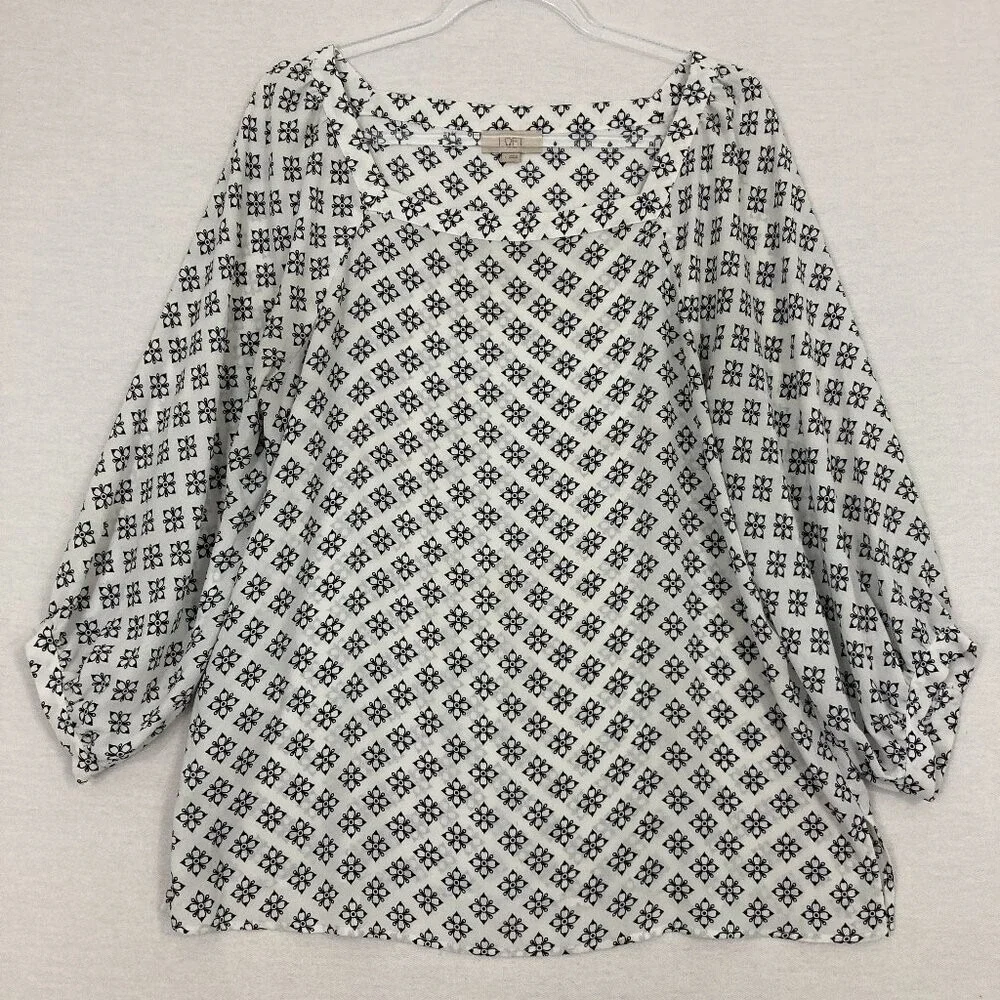 LOFT Black‎ White Square Neck 3/4 Puff Sleeve Feminine Preppy Blouse Large